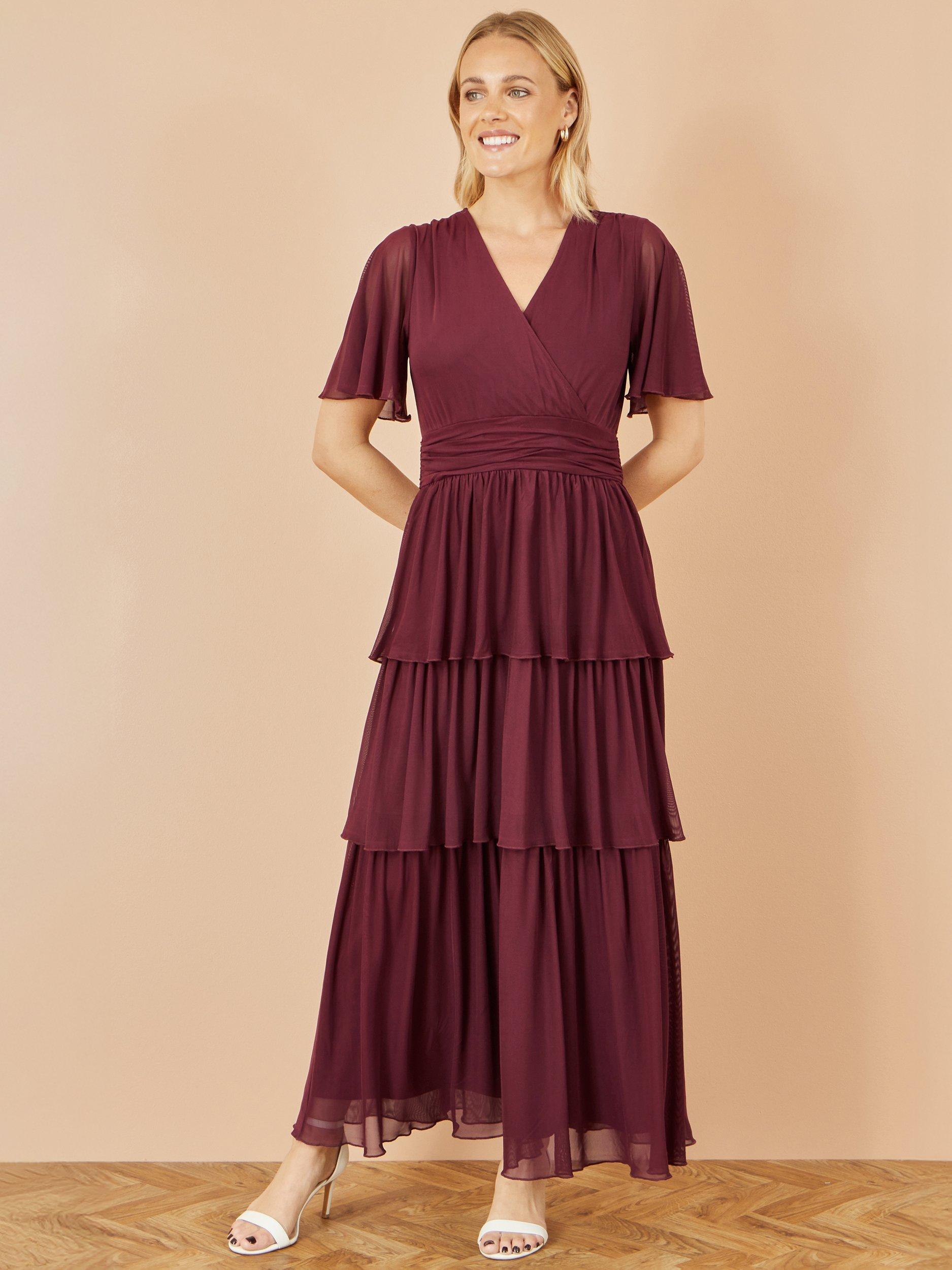 Product image 1 of 4, which shows Yumi Mesh Tiered Maxi Dress, Burgundy, 8