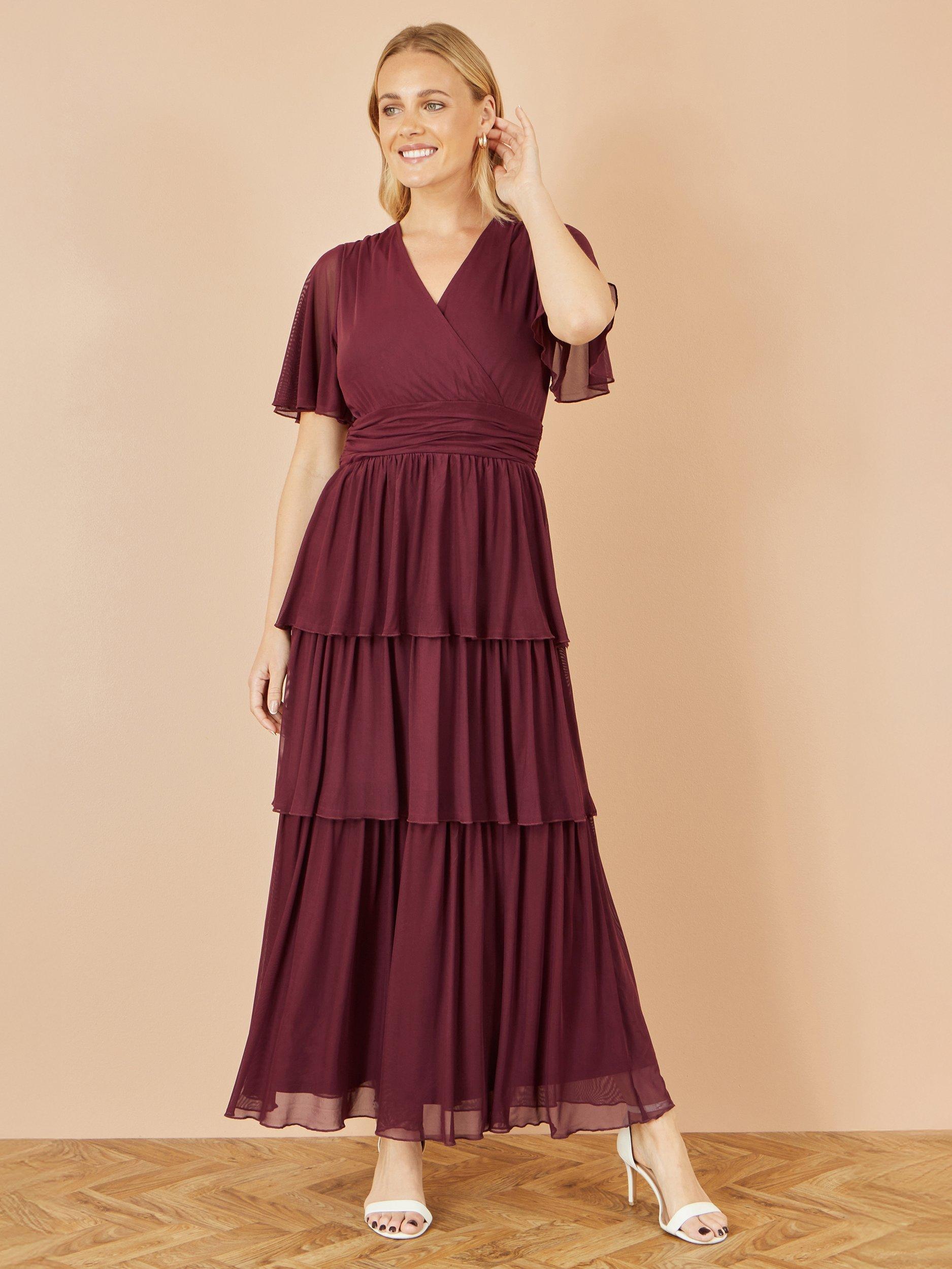Product image 2 of 4, which shows Yumi Mesh Tiered Maxi Dress, Burgundy, 8
