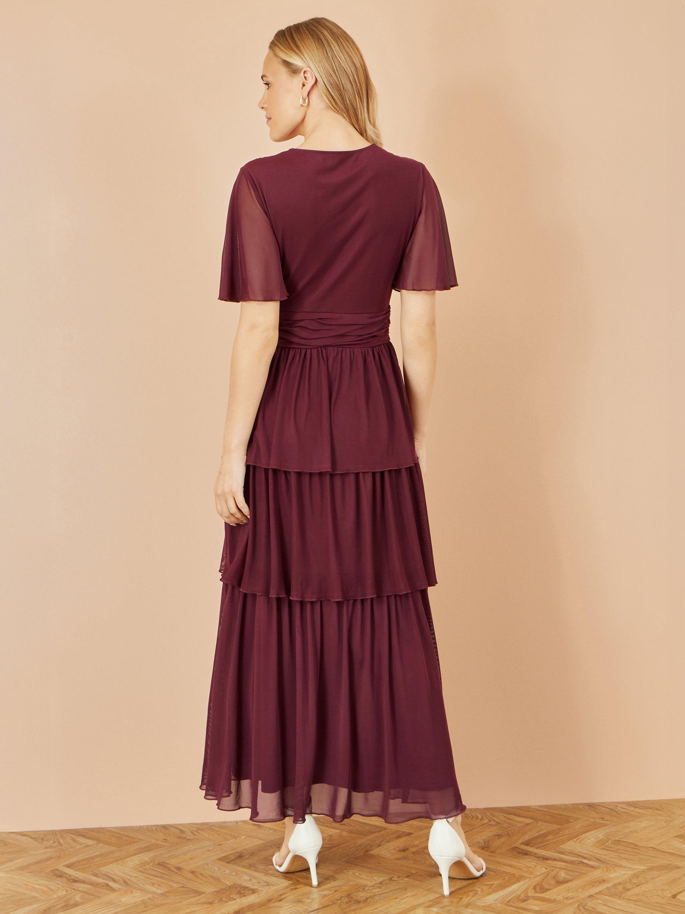 Product image 4 of 4, which shows Yumi Mesh Tiered Maxi Dress, Burgundy, 8