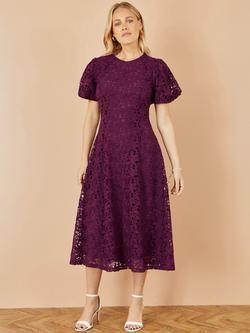 Yumi Lace V-Neck Flared Midi Dress - view 2, Burgundy
