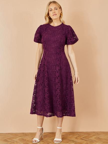 Yumi Lace V-Neck Flared Midi Dress - view 2, Burgundy