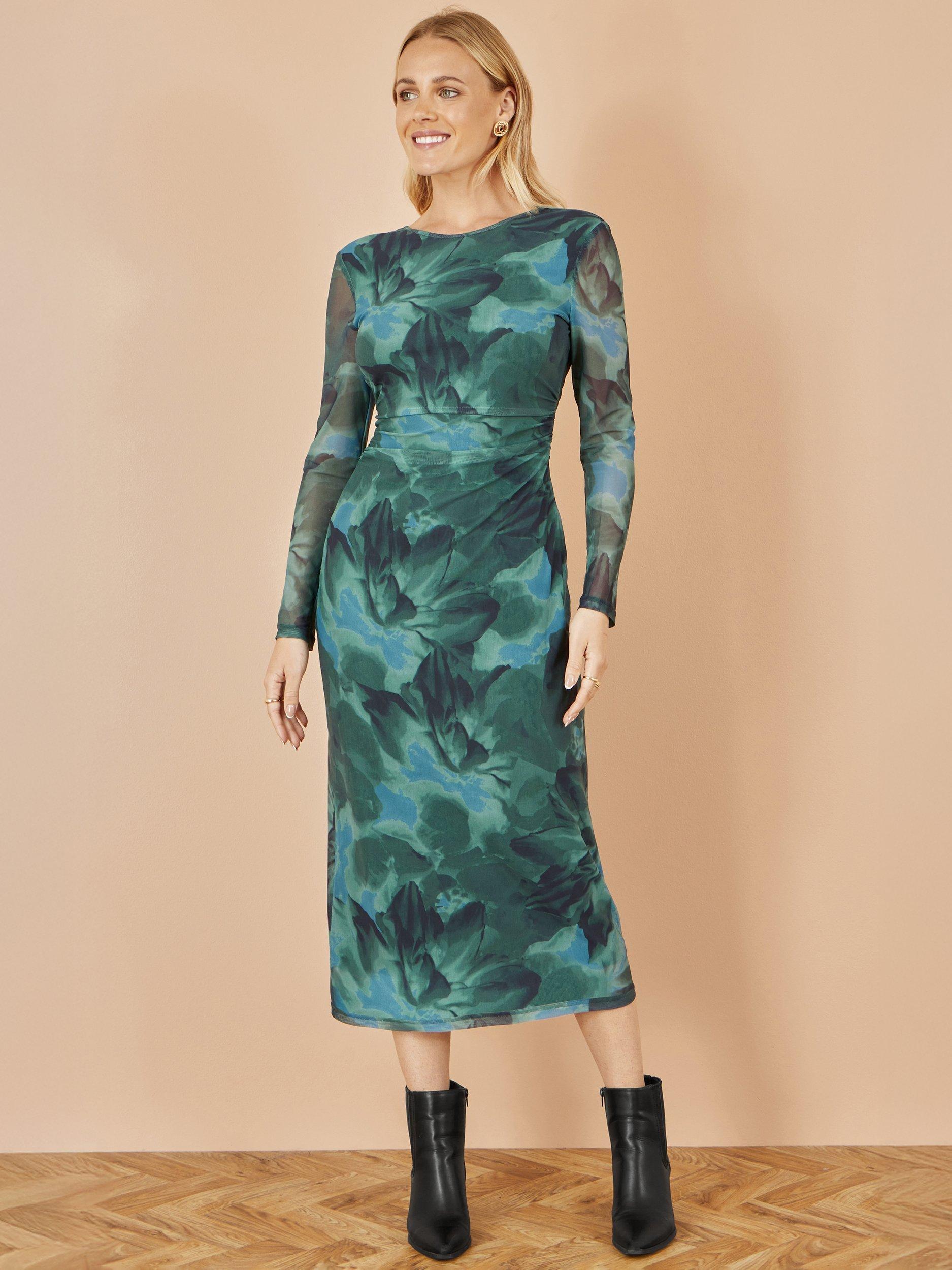 Product image 2 of 5, which shows Yumi Floral Tie Back Mesh Bodycon Dress, Green, 8