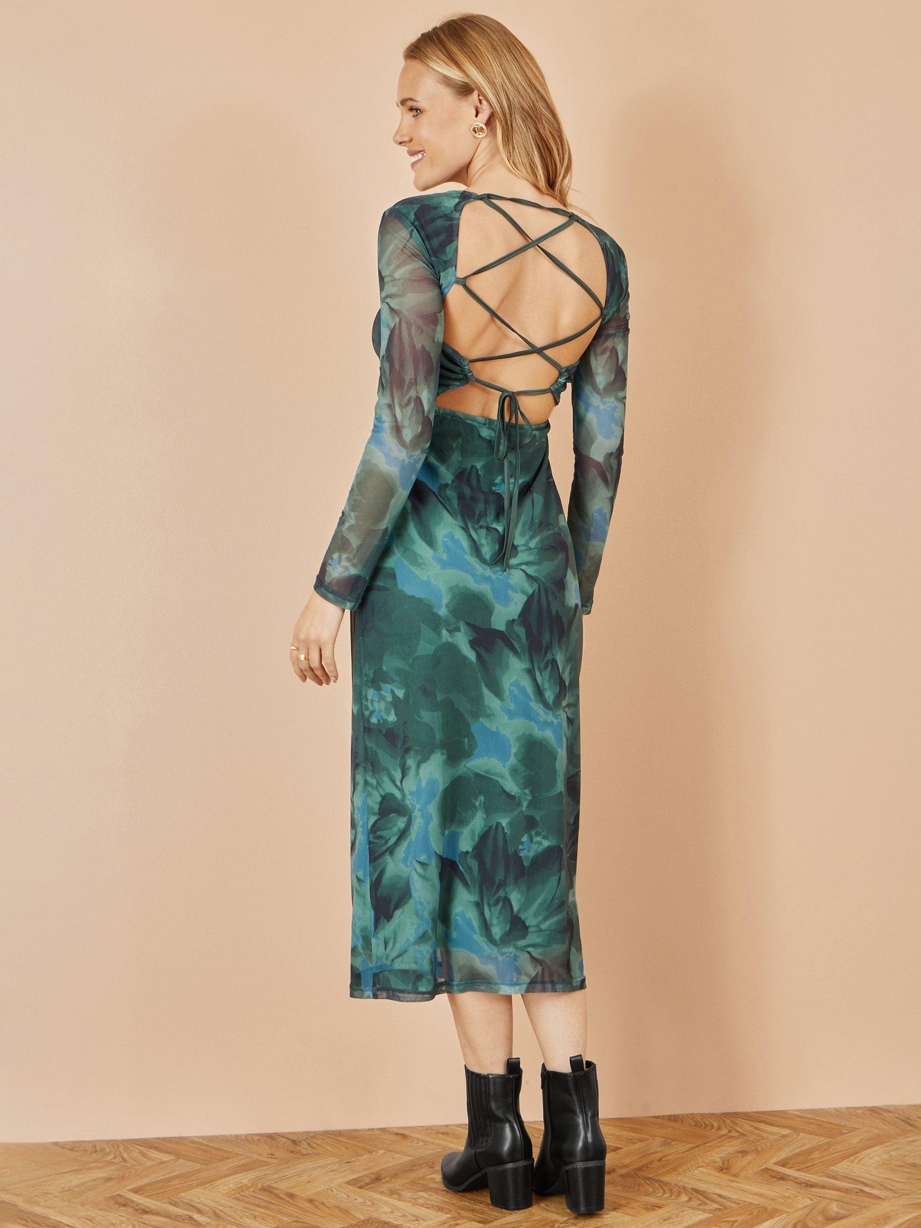 Product image 4 of 5, which shows Yumi Floral Tie Back Mesh Bodycon Dress, Green, 8