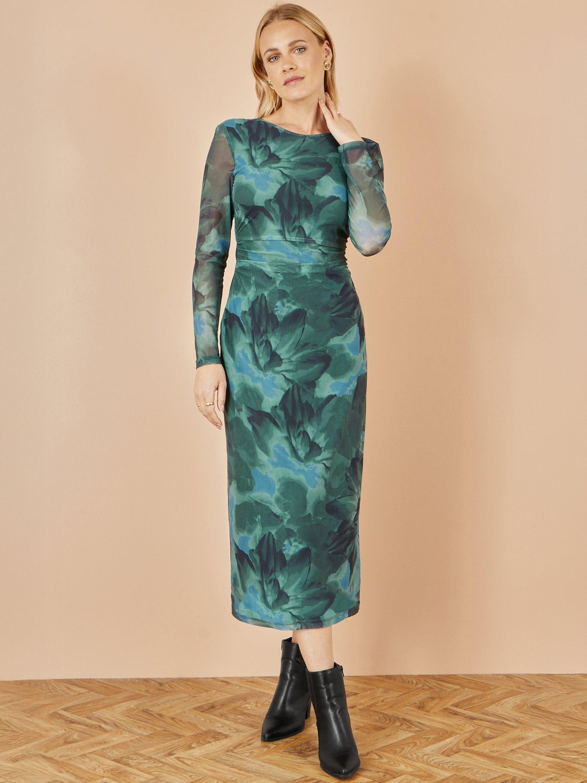 Product image 5 of 5, which shows Yumi Floral Tie Back Mesh Bodycon Dress, Green, 8