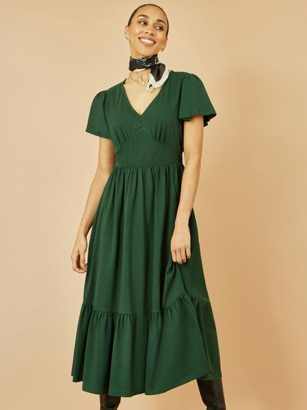 Yumi V-Neck Cotton Jersey Tiered Midi Dress, Green