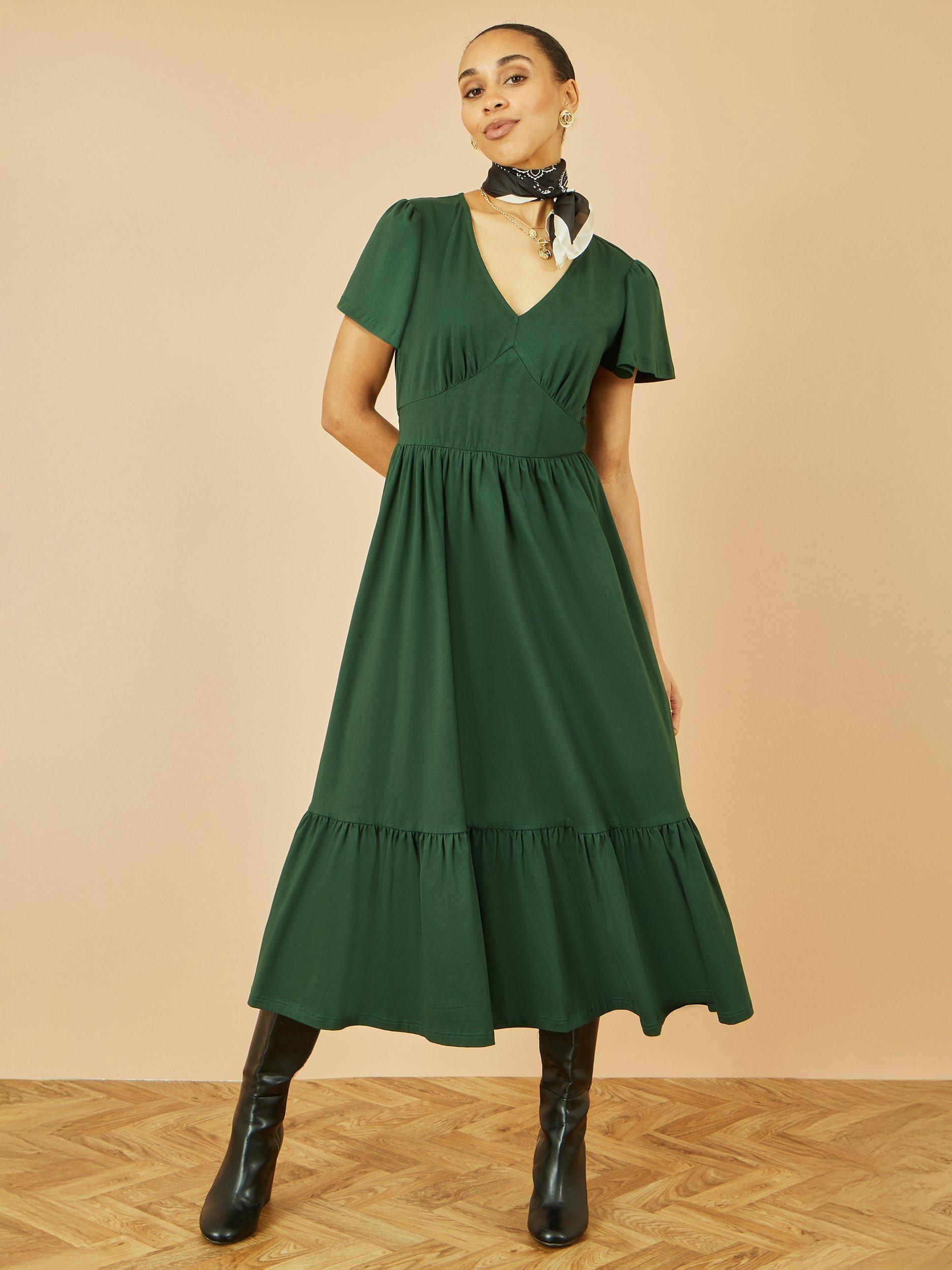 Product image 2 of 5, which shows Yumi V-Neck Cotton Jersey Tiered Midi Dress, Green, 8