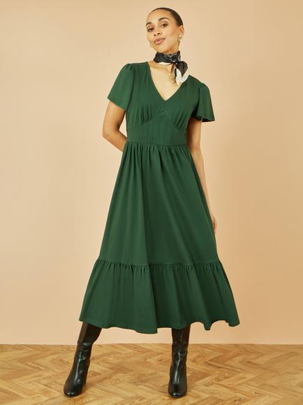 Yumi V-Neck Cotton Jersey Tiered Midi Dress - view 2, Green