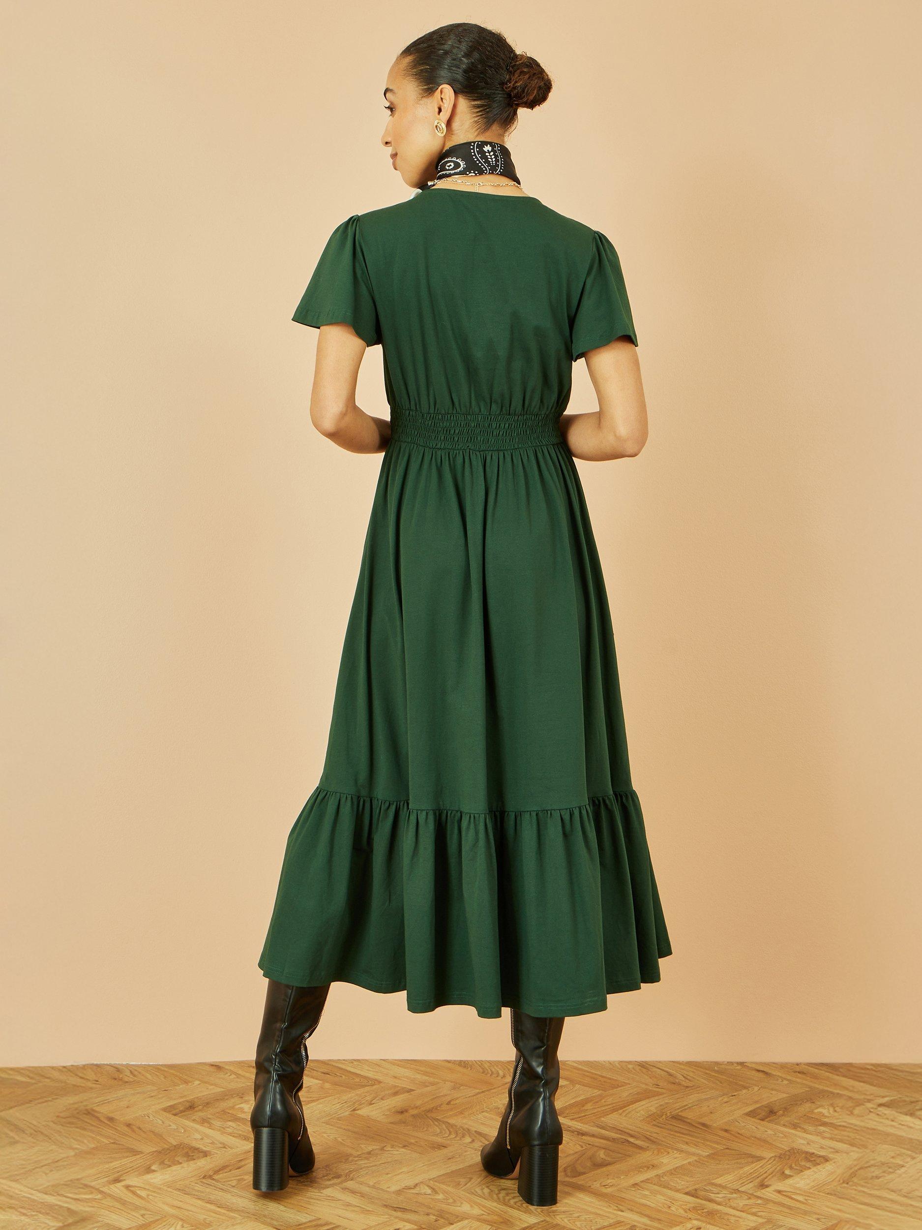 Product image 4 of 5, which shows Yumi V-Neck Cotton Jersey Tiered Midi Dress, Green, 8