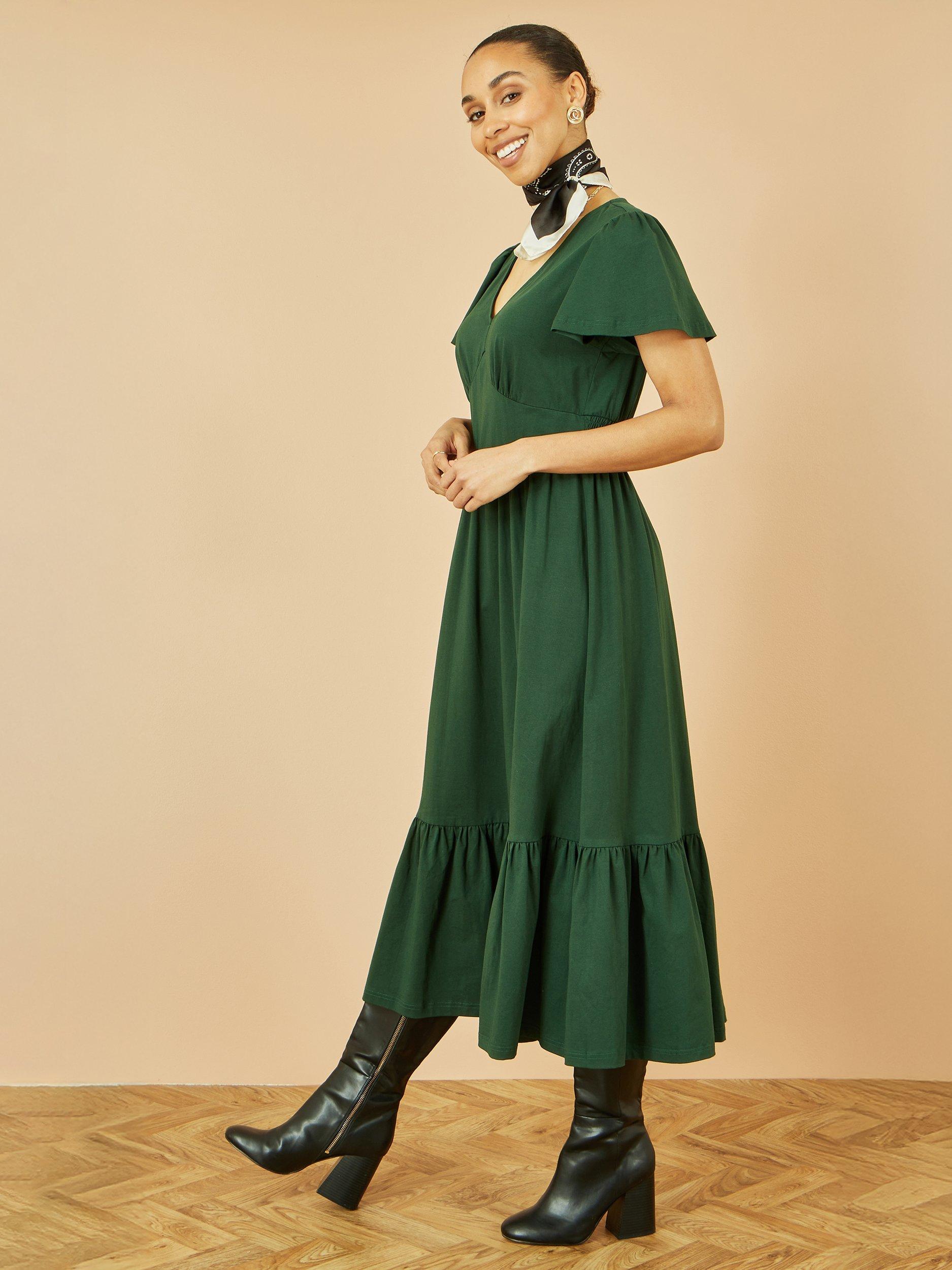 Product image 5 of 5, which shows Yumi V-Neck Cotton Jersey Tiered Midi Dress, Green, 8