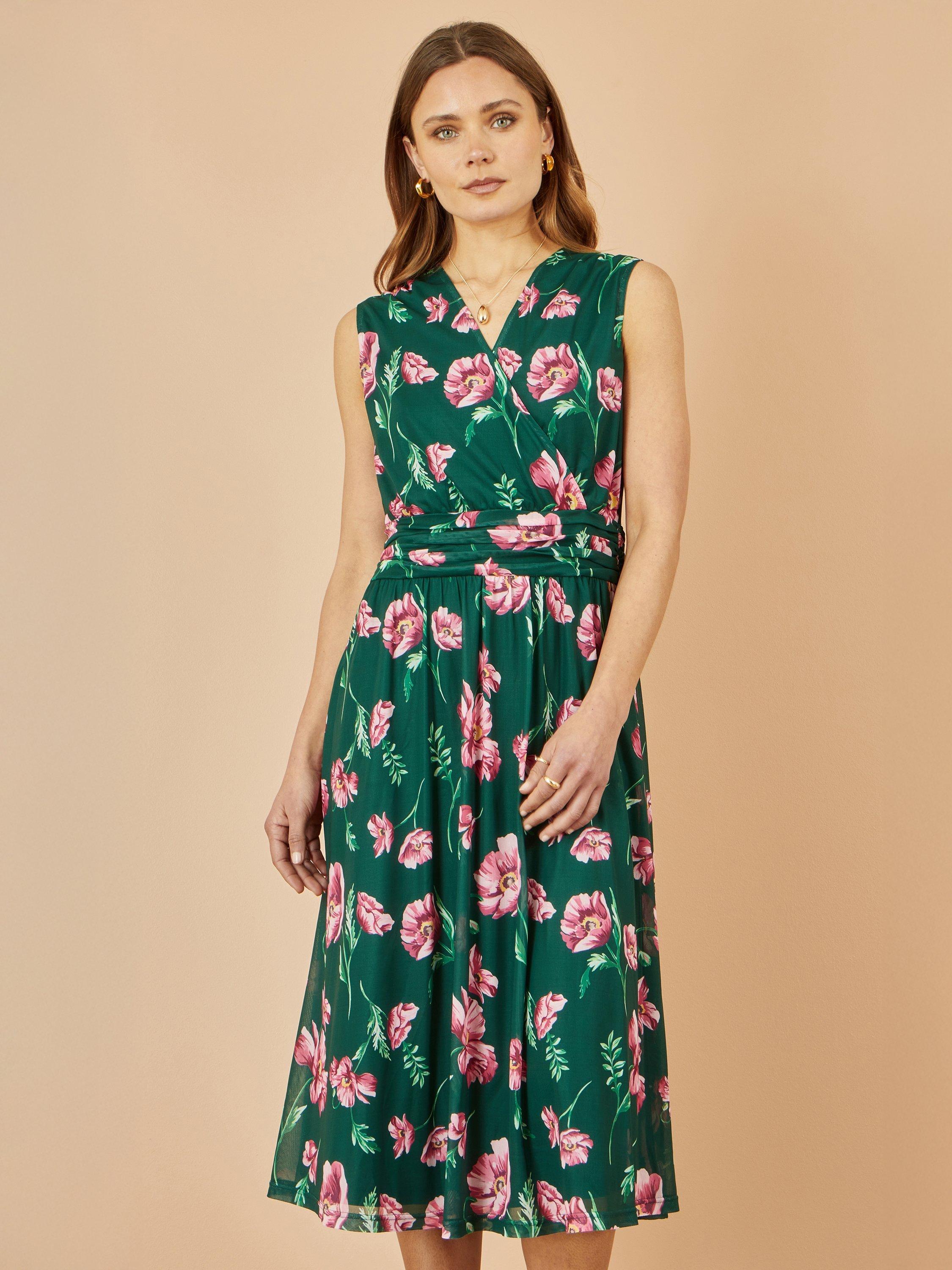 Product image 1 of 4, which shows Yumi Floral Print Mesh Midi Dress, Green, 8