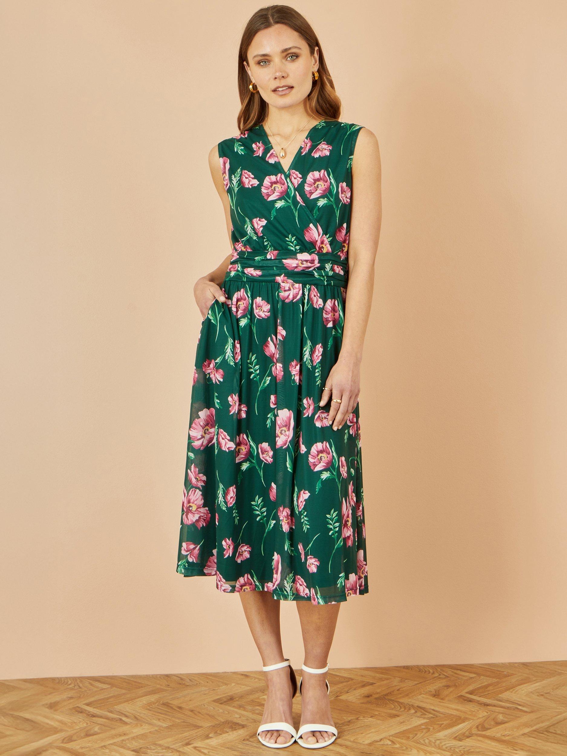 Product image 2 of 4, which shows Yumi Floral Print Mesh Midi Dress, Green, 8