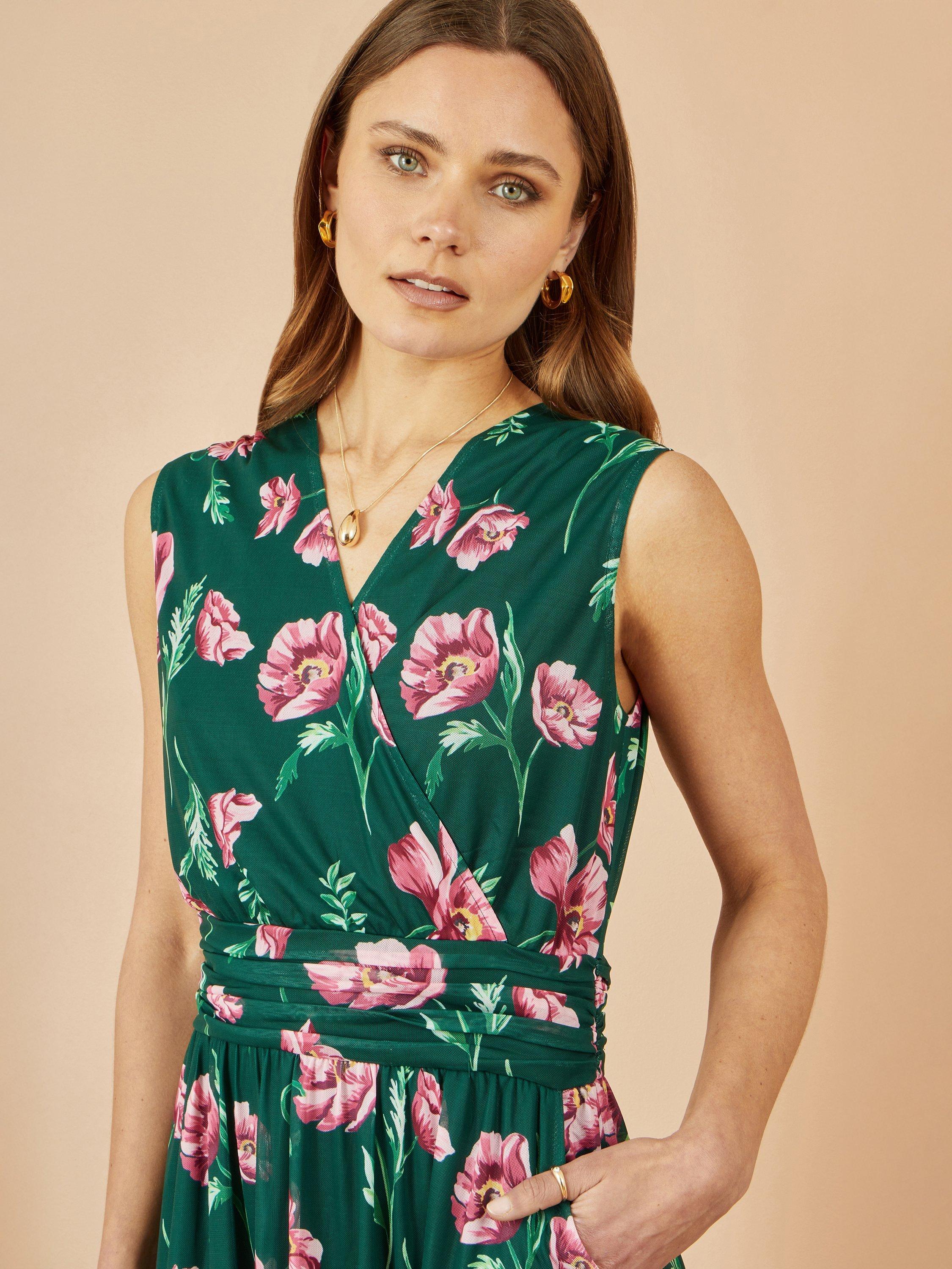 Product image 3 of 4, which shows Yumi Floral Print Mesh Midi Dress, Green, 8