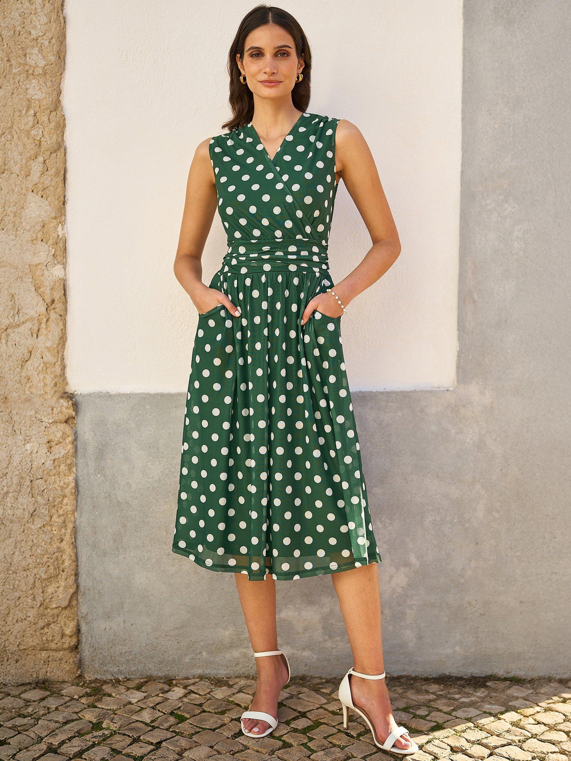 Product image 2 of 4, which shows Yumi Polka Dot Mesh Wrap Dress, Green, 8