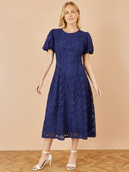 Yumi Puff Sleeve Lace Midi Dress, Navy - view 2, Navy