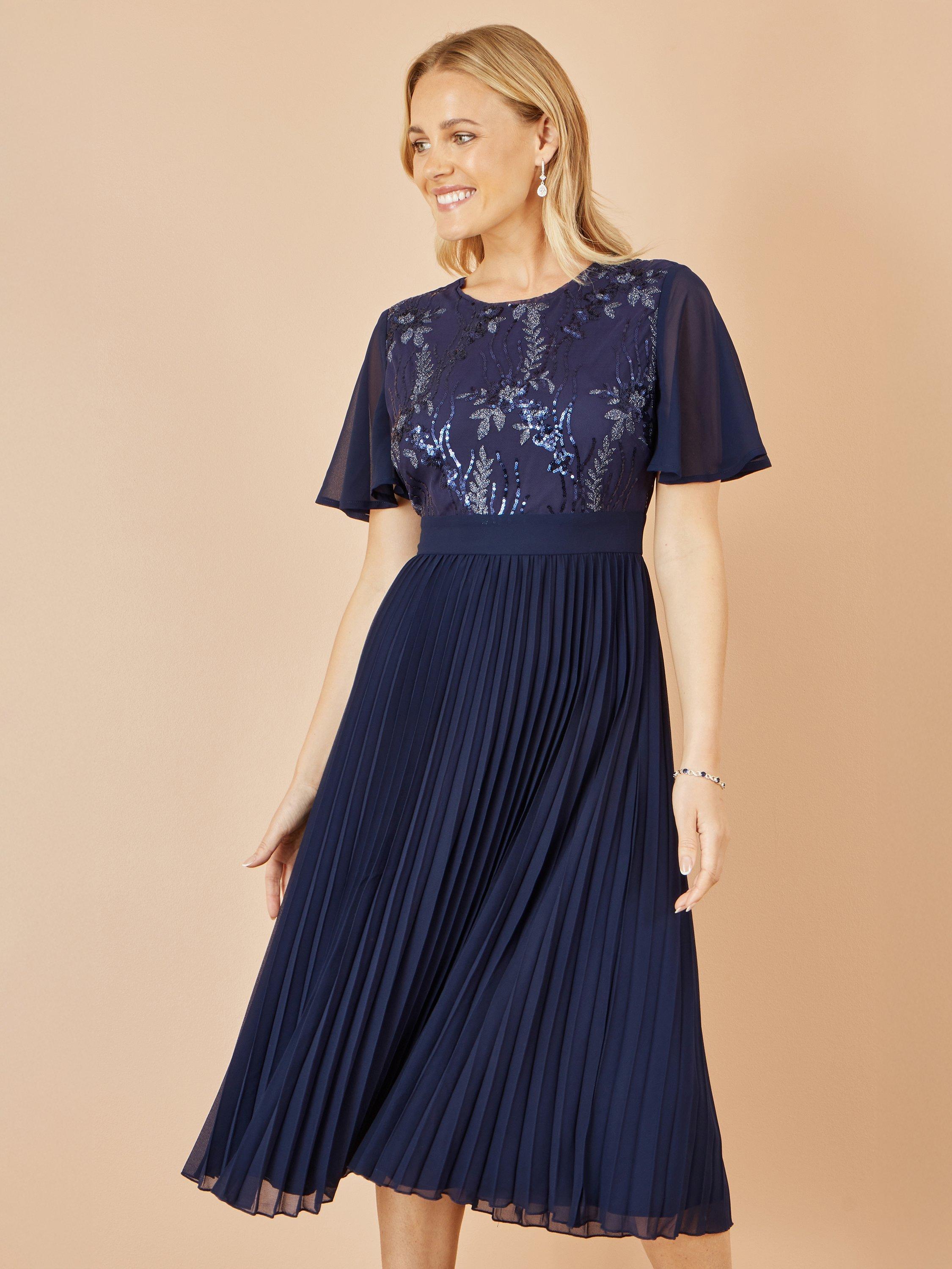 Product image 1 of 5, which shows Yumi Sequin Panel Pleated Midi Dress, Navy, 8