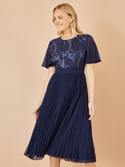 Yumi Sequin Panel Pleated Midi Dress, Navy, Navy