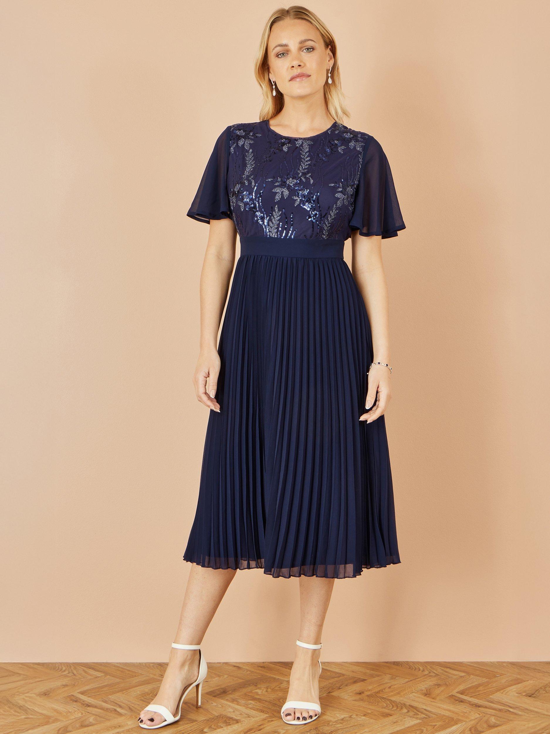 Product image 2 of 5, which shows Yumi Sequin Panel Pleated Midi Dress, Navy, 8