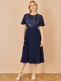 Yumi Sequin Panel Pleated Midi Dress, Navy - view 2, Navy
