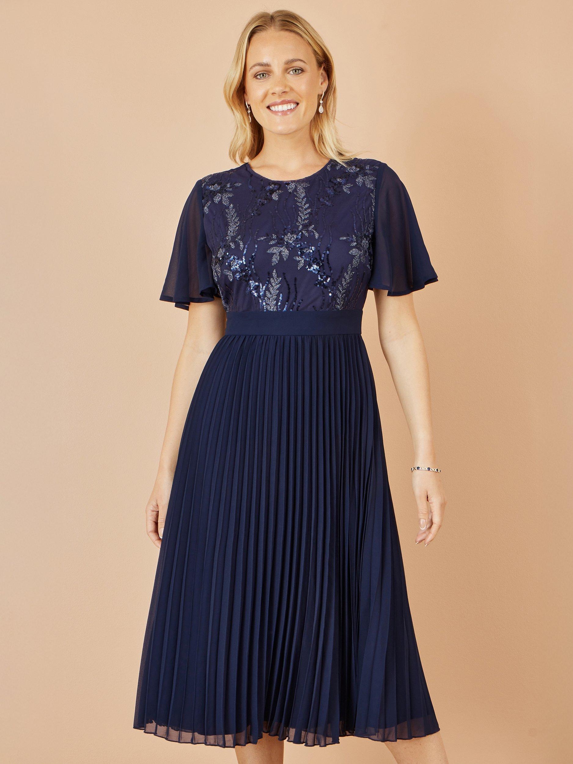 Product image 5 of 5, which shows Yumi Sequin Panel Pleated Midi Dress, Navy, 8