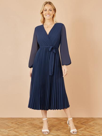 Yumi Pleated Wrap Midi Dress - view 2, Navy