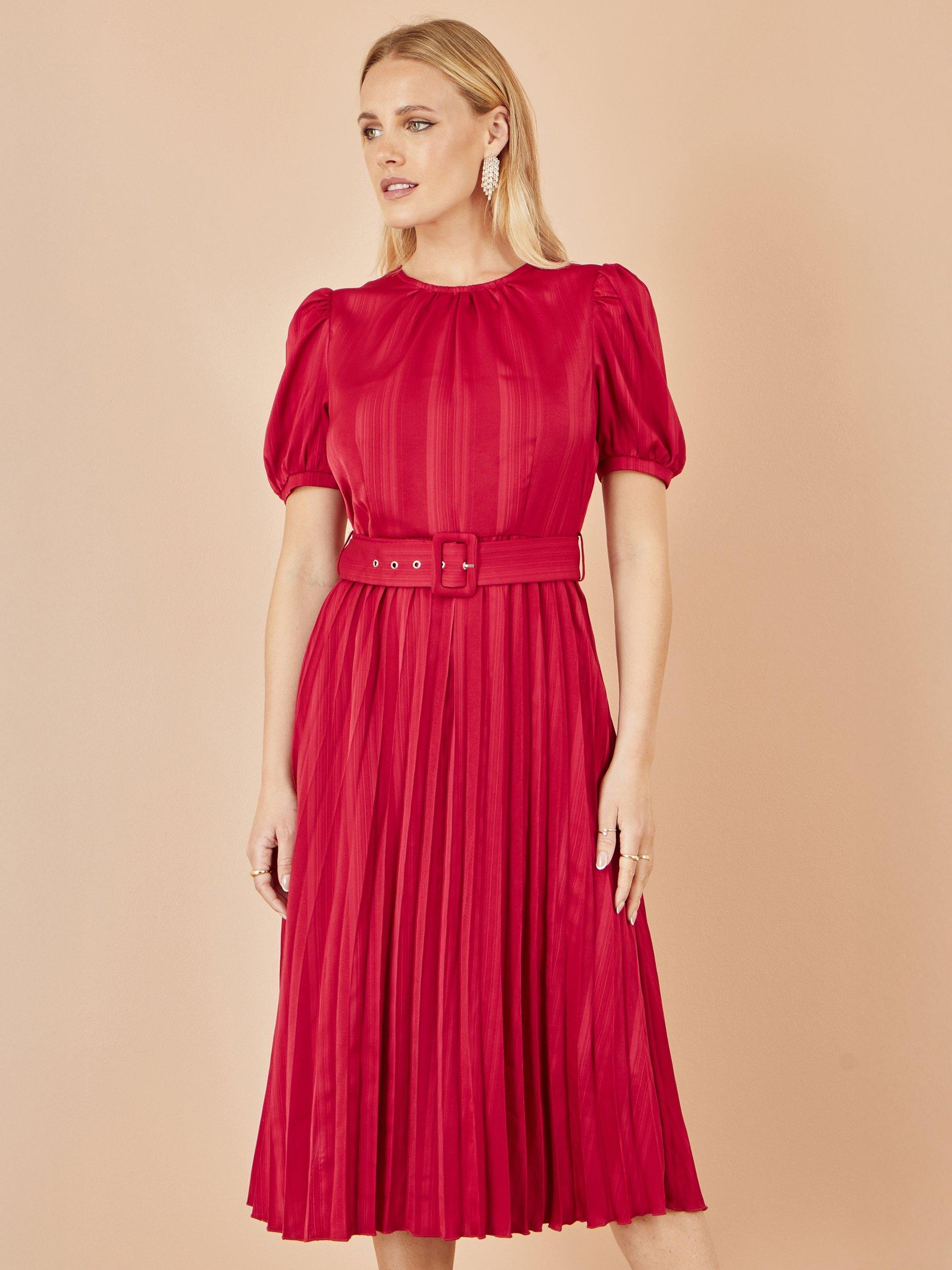 Product image 1 of 5, which shows Yumi Satin Stripe Pleated Midi Dress, Red, 8