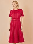 Yumi Satin Stripe Pleated Midi Dress, Red