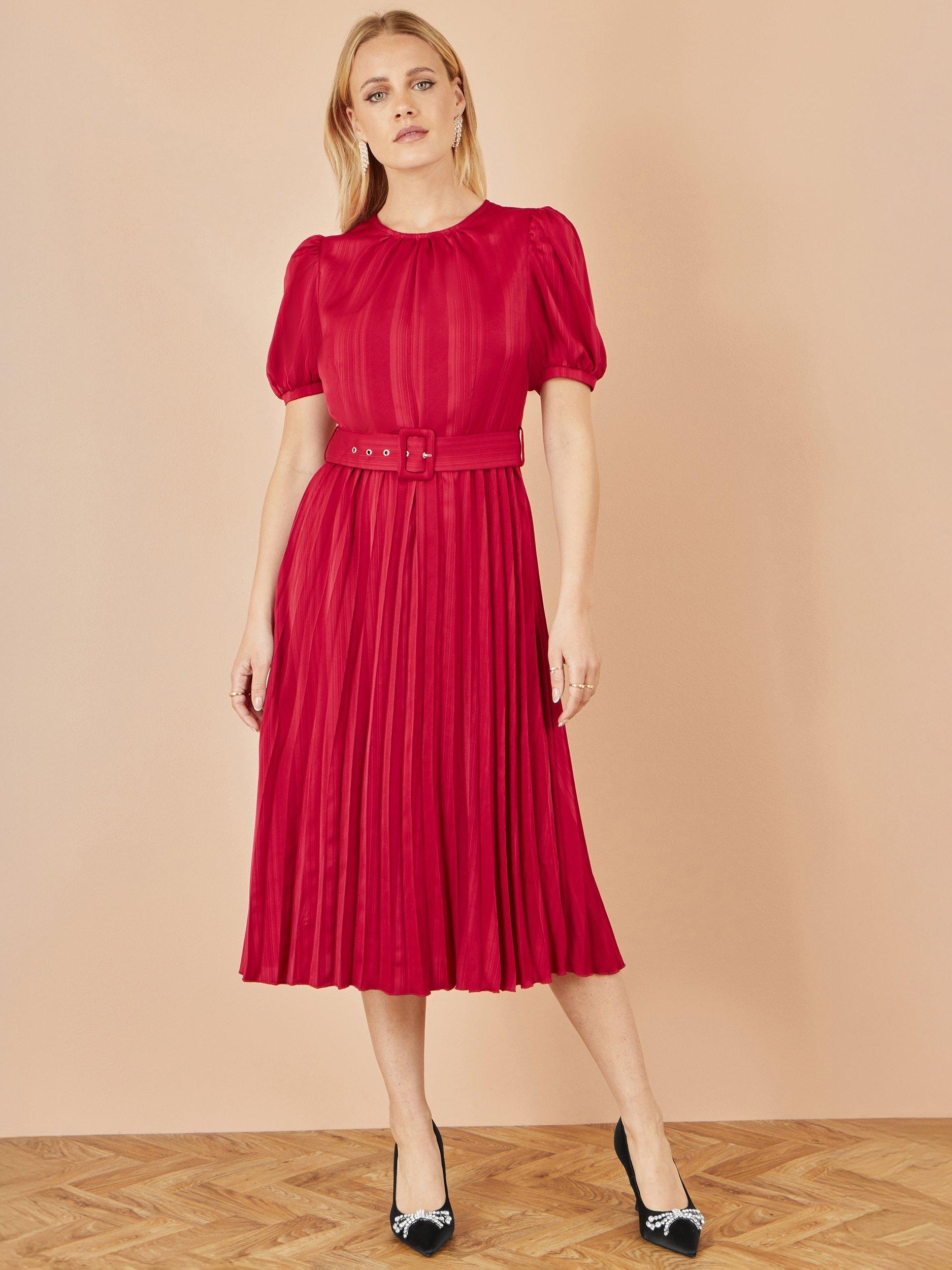 Product image 2 of 5, which shows Yumi Satin Stripe Pleated Midi Dress, Red, 8