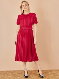 Yumi Satin Stripe Pleated Midi Dress, Red - view 2, Red
