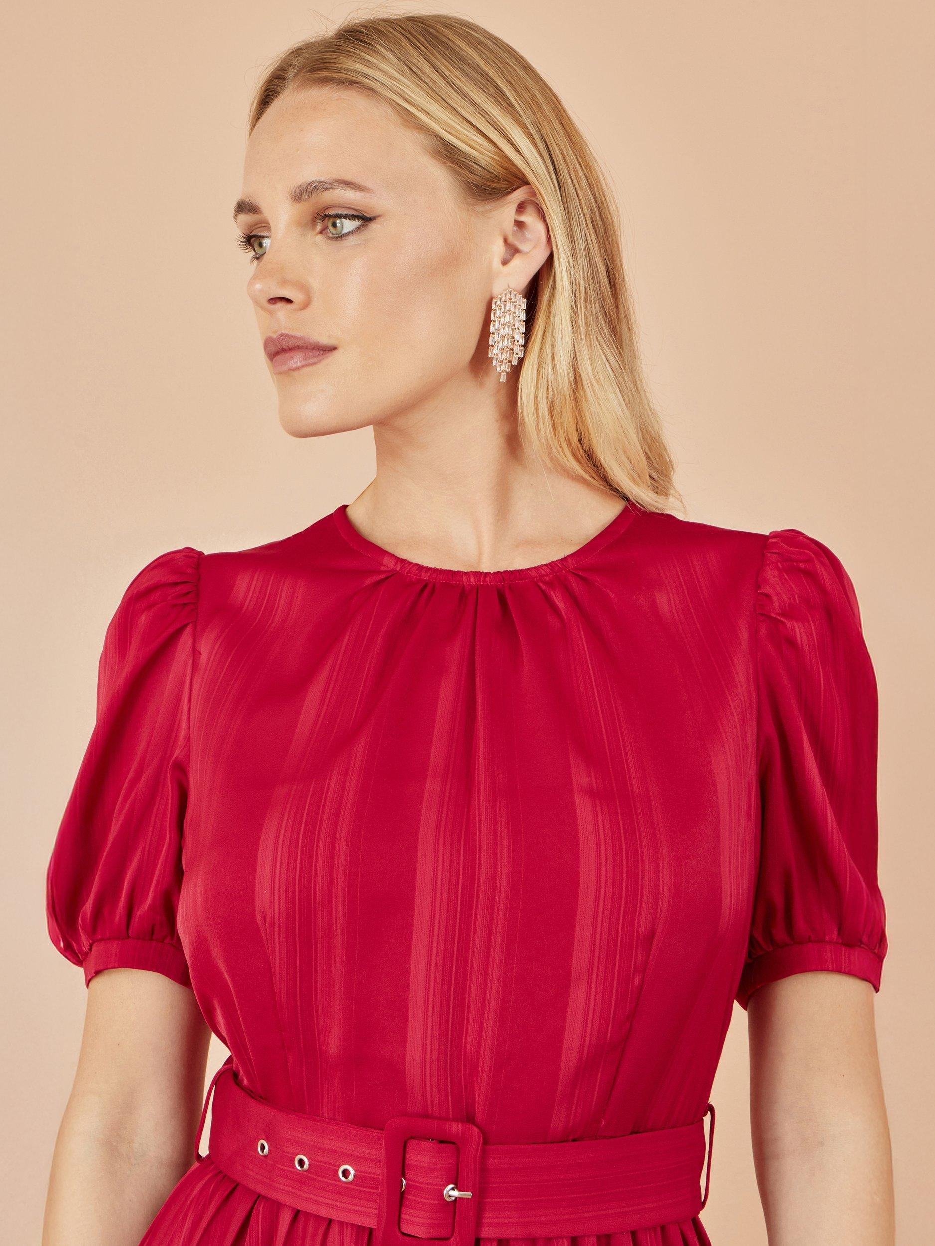 Product image 3 of 5, which shows Yumi Satin Stripe Pleated Midi Dress, Red, 8