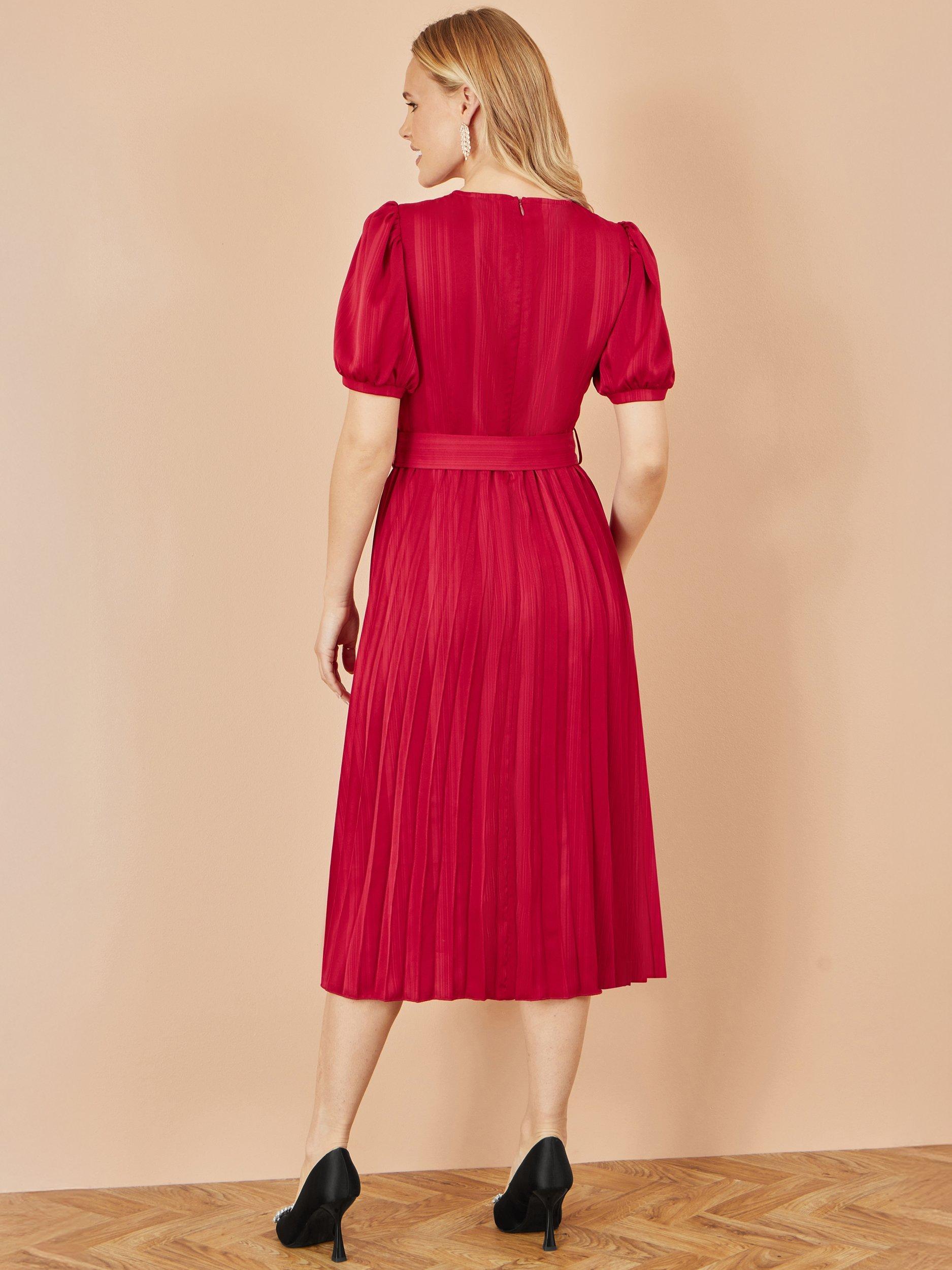 Product image 4 of 5, which shows Yumi Satin Stripe Pleated Midi Dress, Red, 8