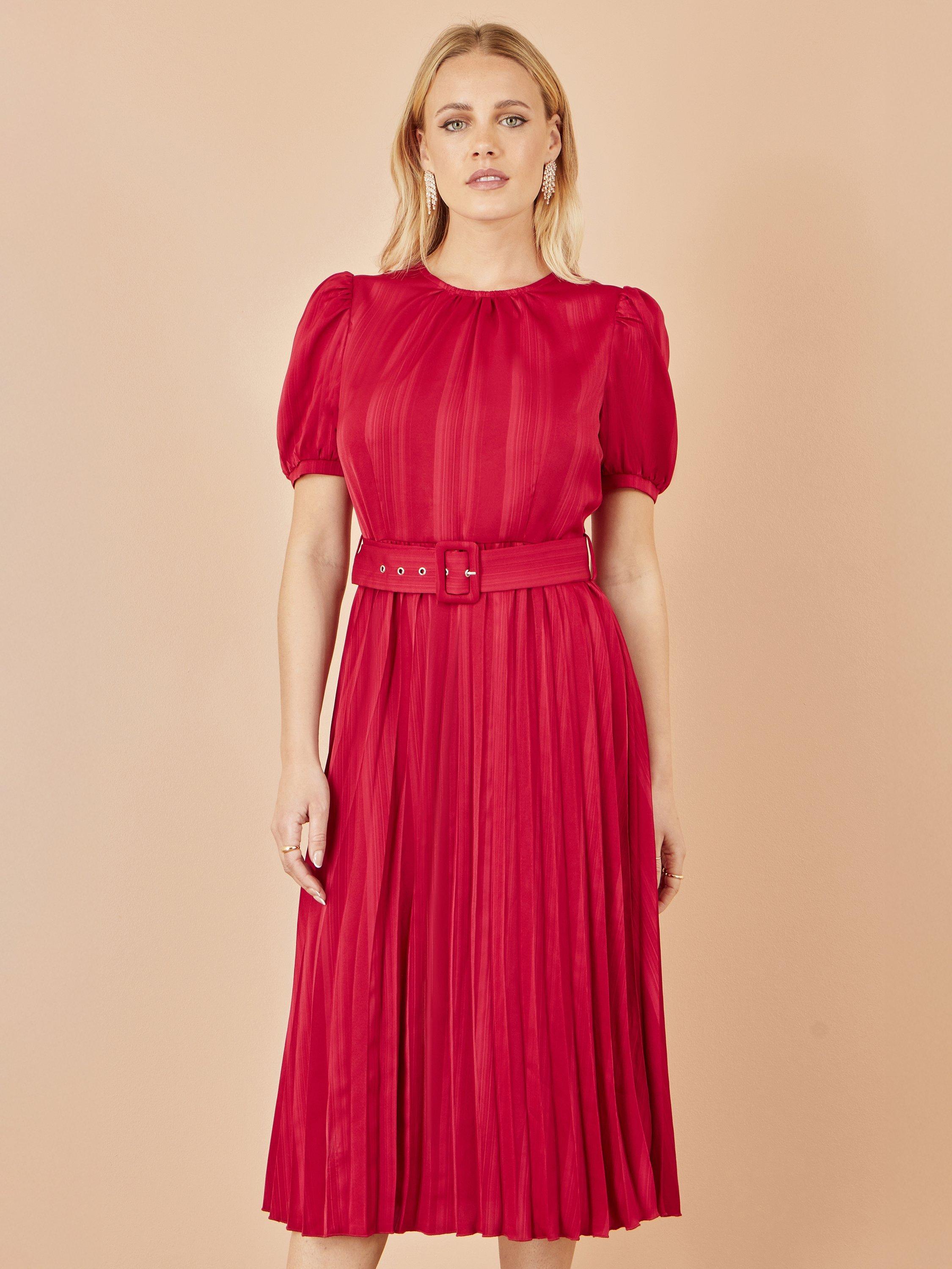 Product image 5 of 5, which shows Yumi Satin Stripe Pleated Midi Dress, Red, 8