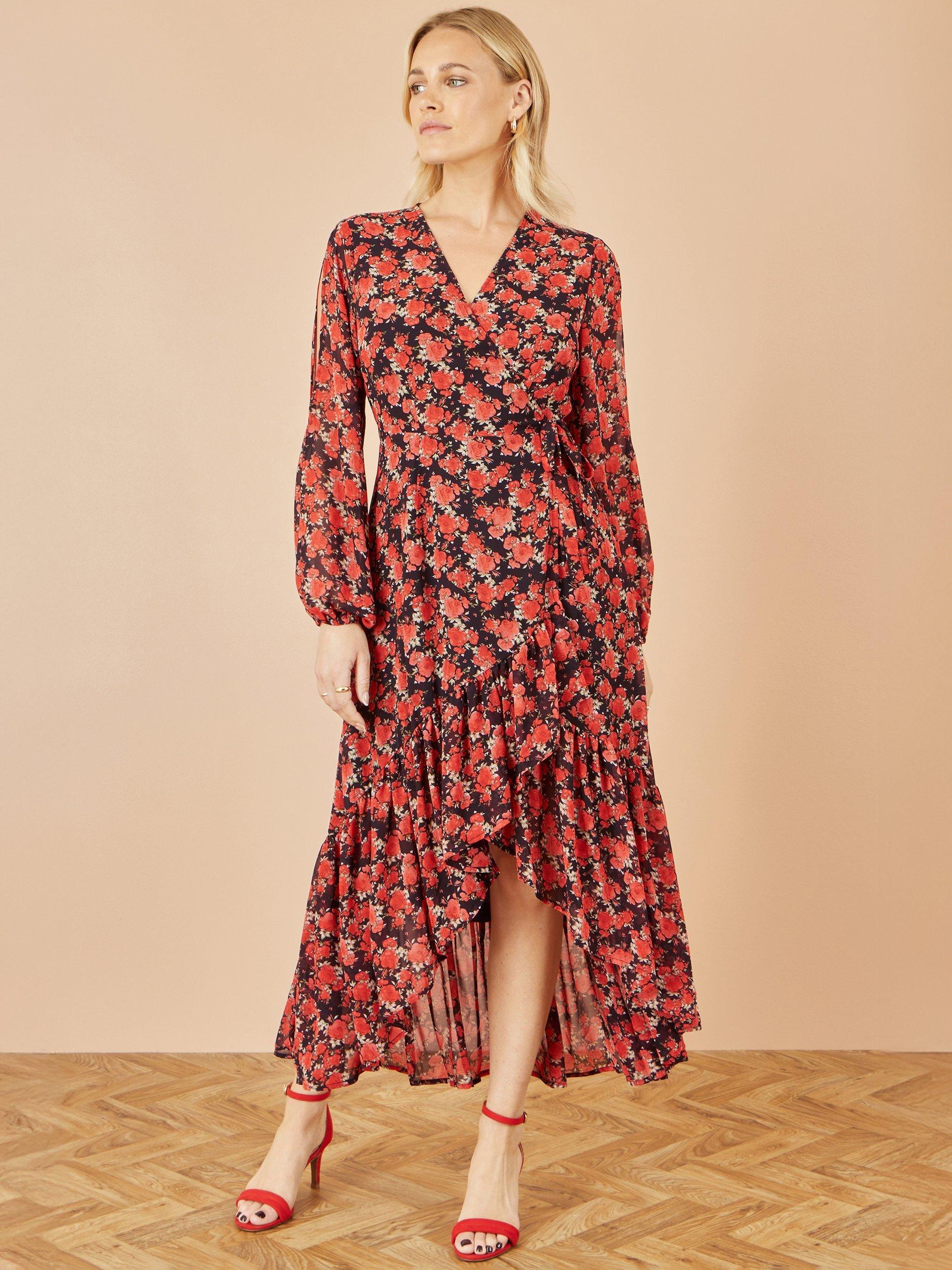 Product image 2 of 5, which shows Yumi Rose Print Split Sleeve Midi Dress, Red, 8