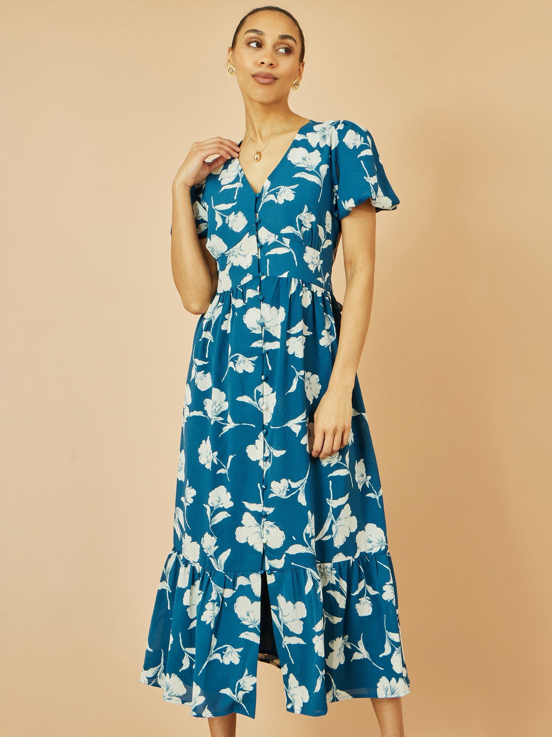 Product image 1 of 5, which shows Yumi Floral Shirt Midi Dress, Teal, 8
