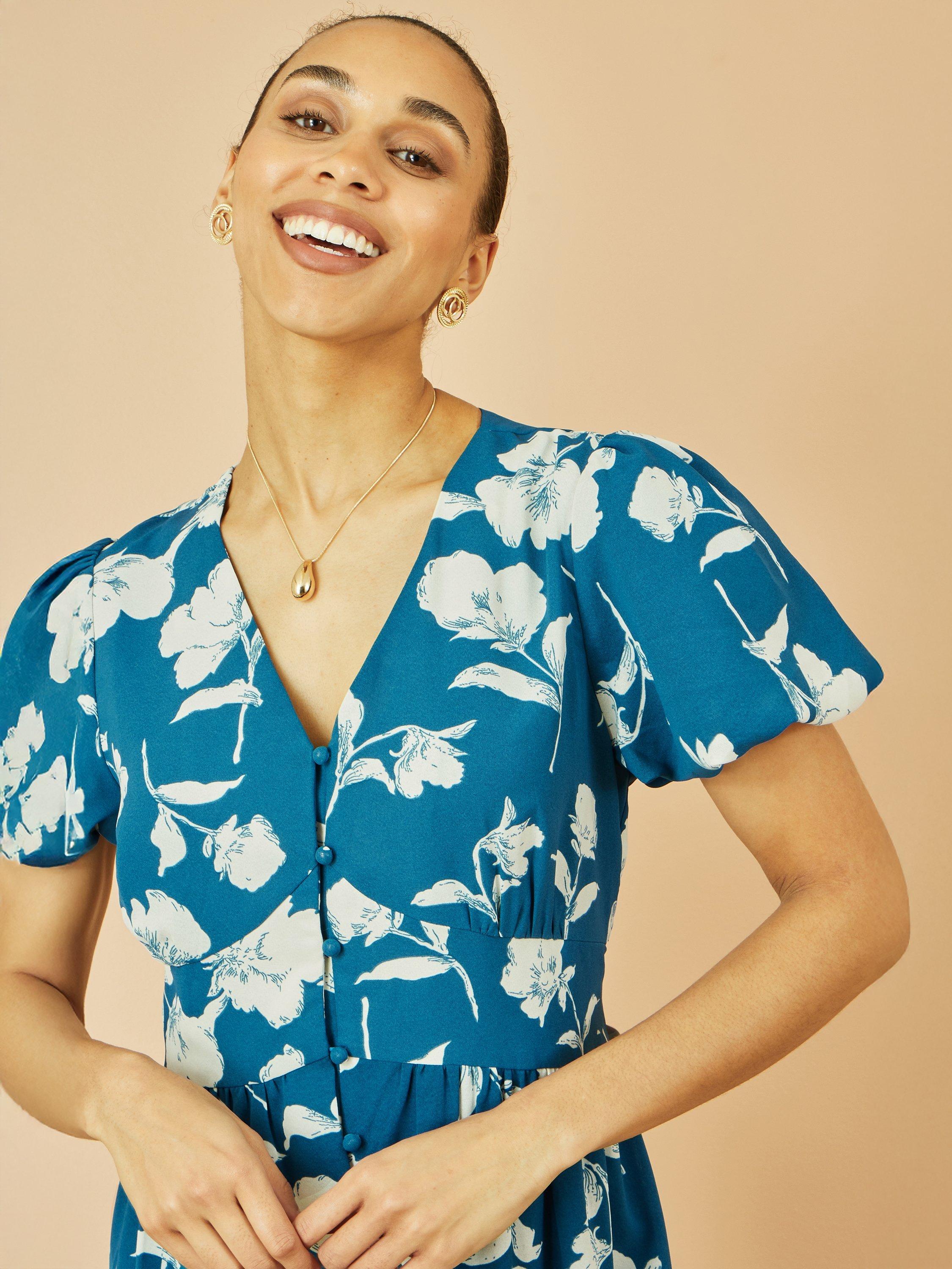Product image 3 of 5, which shows Yumi Floral Shirt Midi Dress, Teal, 8