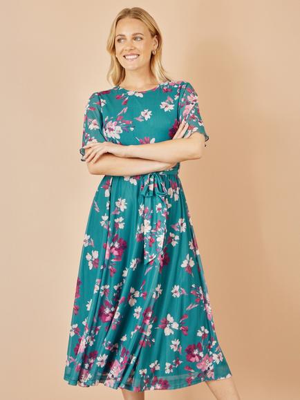 Yumi Mesh Floral Midi Dress, Teal