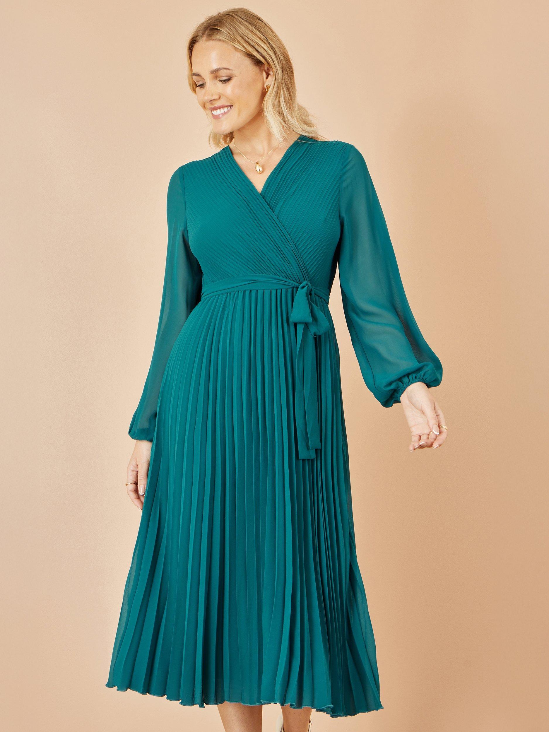 Product image 1 of 4, which shows Yumi Pleated Wrap Midi Dress, Teal, 8