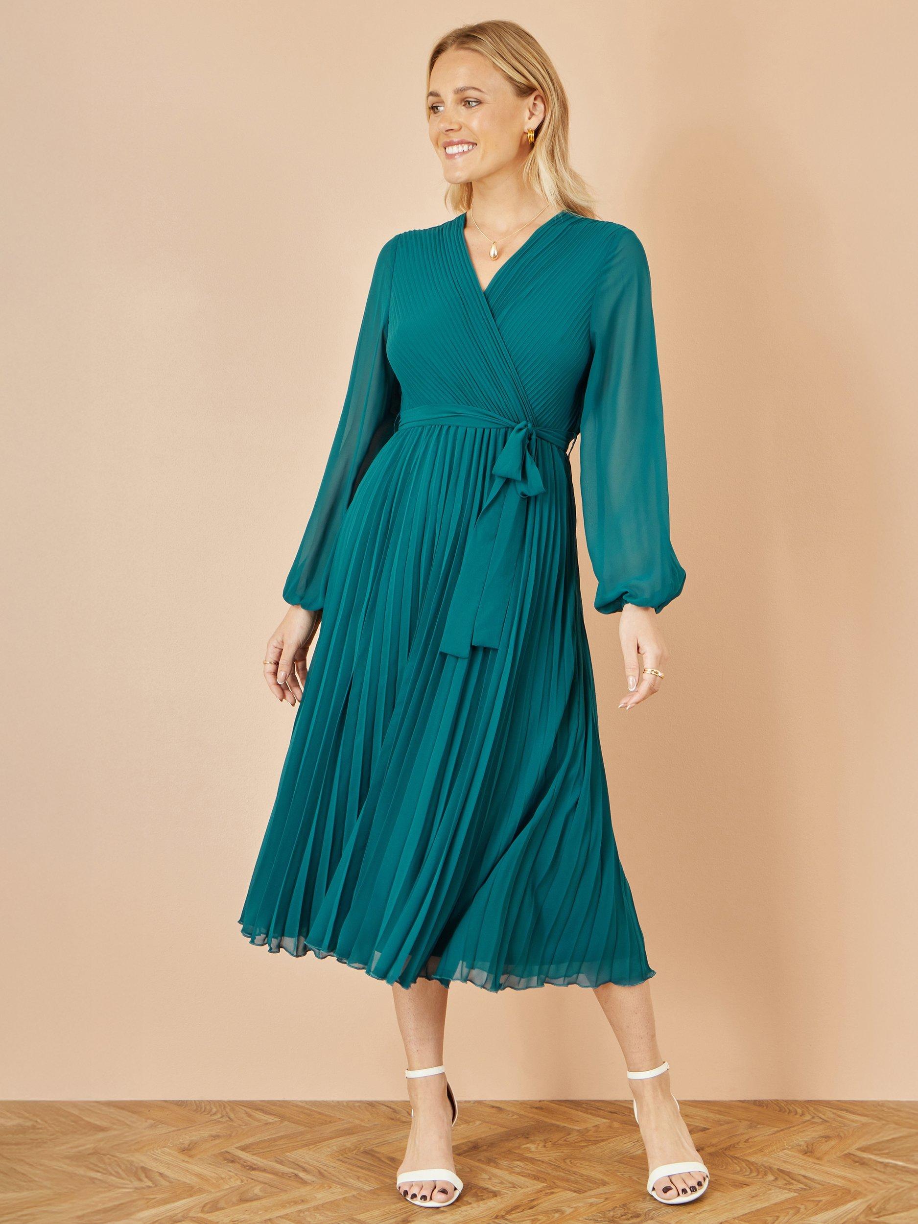 Product image 2 of 4, which shows Yumi Pleated Wrap Midi Dress, Teal, 8