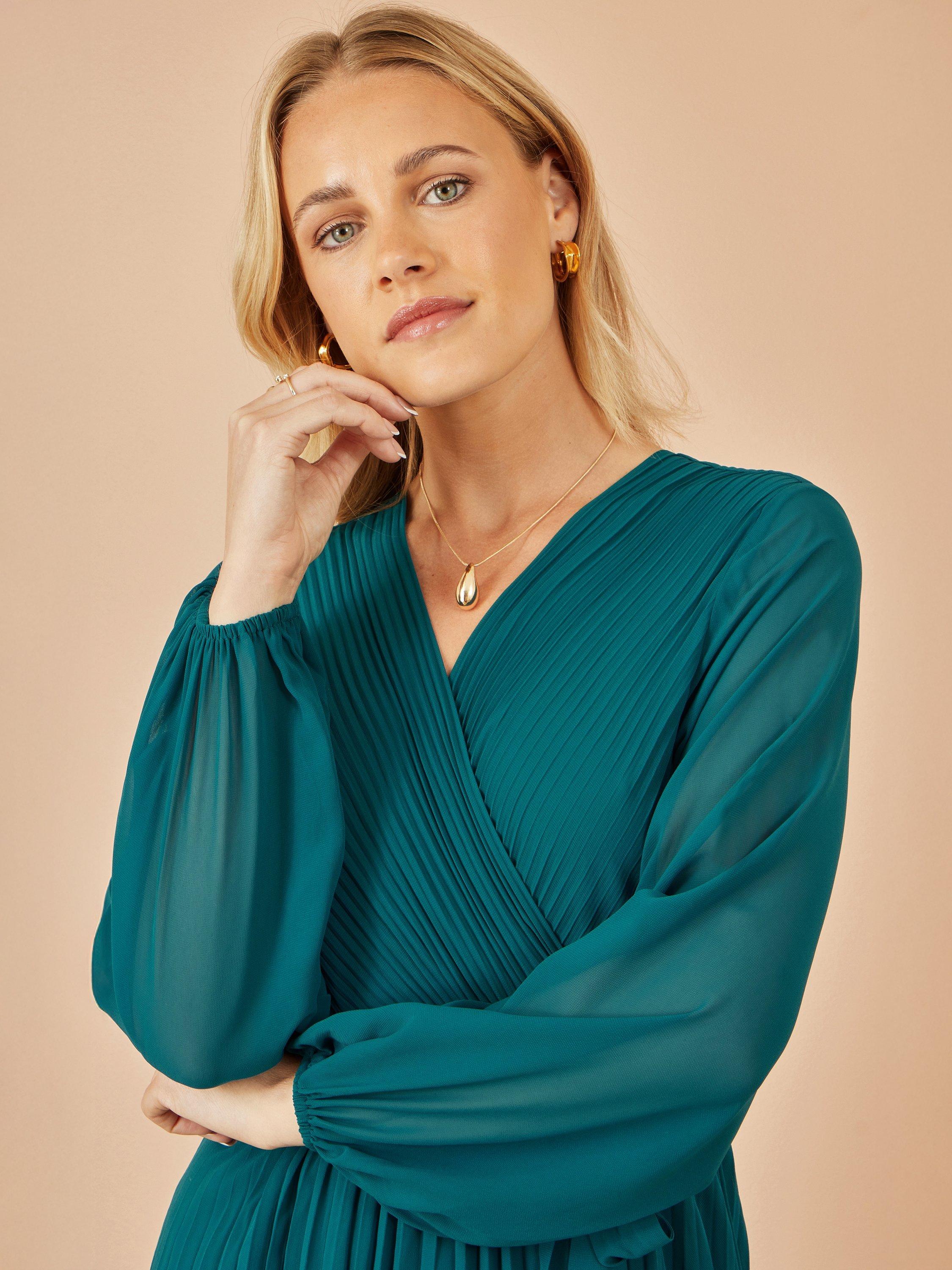 Product image 3 of 4, which shows Yumi Pleated Wrap Midi Dress, Teal, 8
