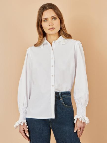 Yumi Lace Trim Long Sleeve Shirt, White, White