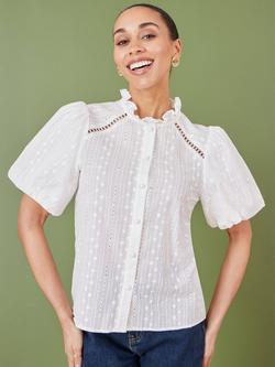 Yumi Broderie Anglaise Puff Sleeve Shirt, White, White
