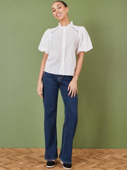 Yumi Broderie Anglaise Puff Sleeve Shirt, White - view 2, White