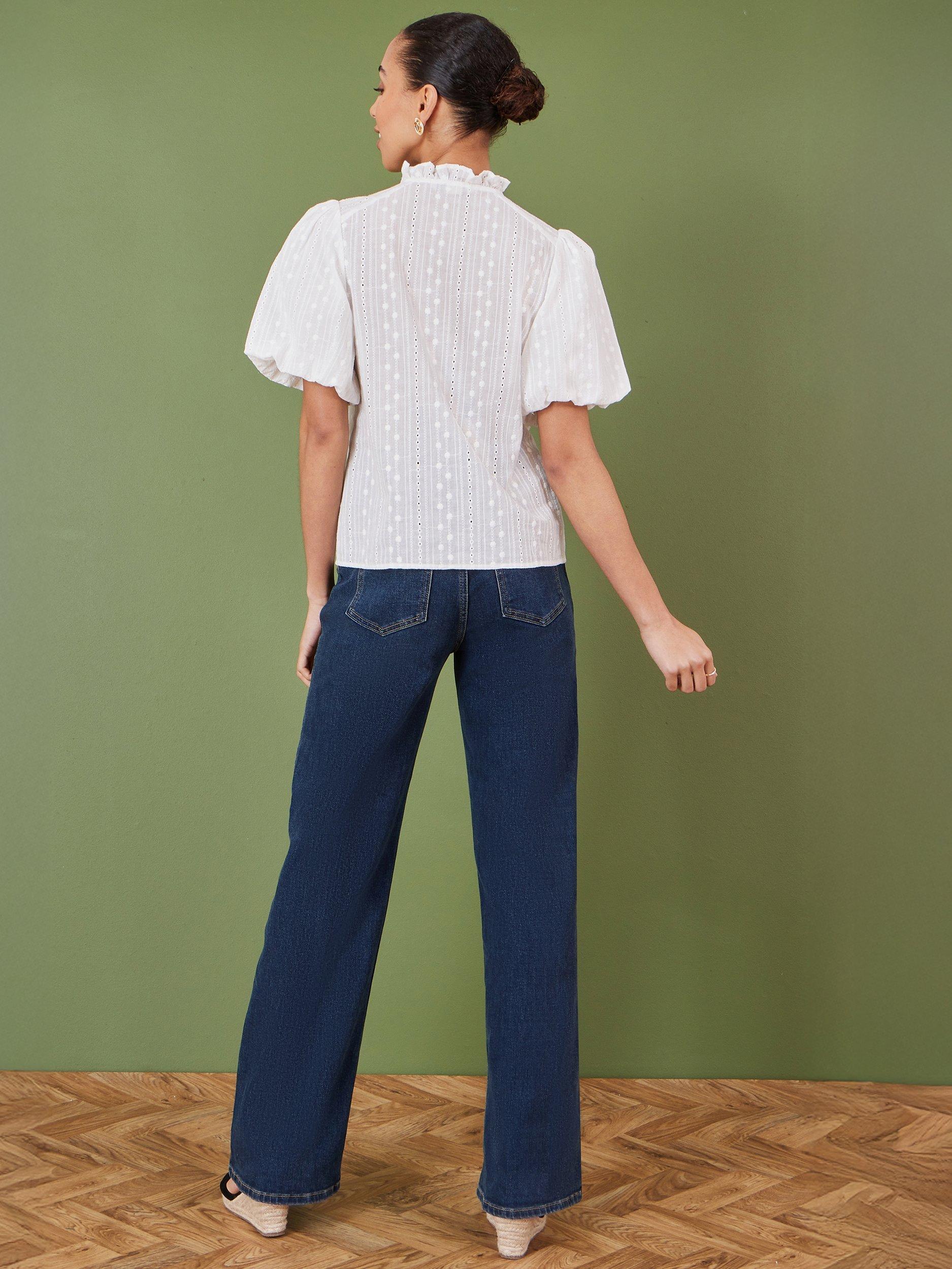 Product image 4 of 5, which shows Yumi Broderie Anglaise Puff Sleeve Shirt, White, 8