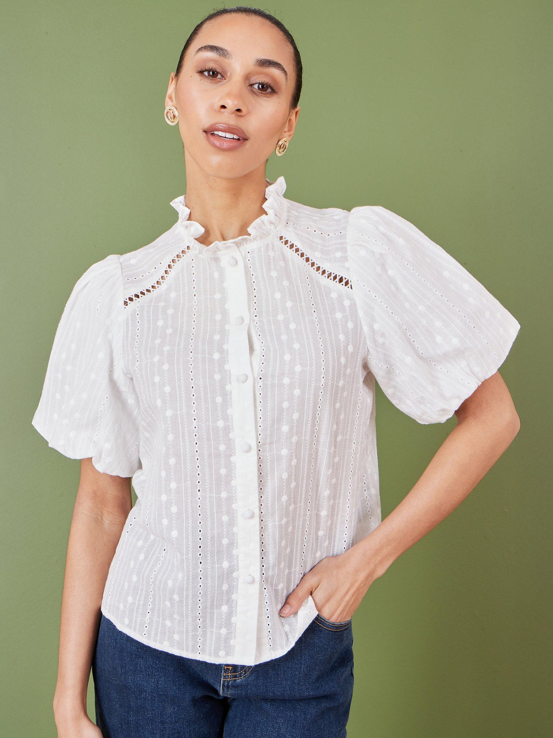 Product image 5 of 5, which shows Yumi Broderie Anglaise Puff Sleeve Shirt, White, 8