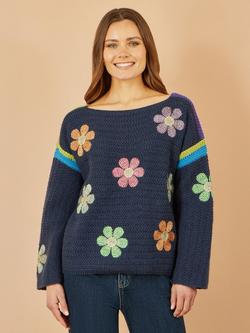 Yumi Crochet Flower Jumper, Navy/Multi
