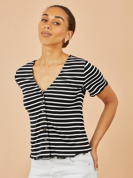 Yumi Stripe Button T-Shirt, Black, Black