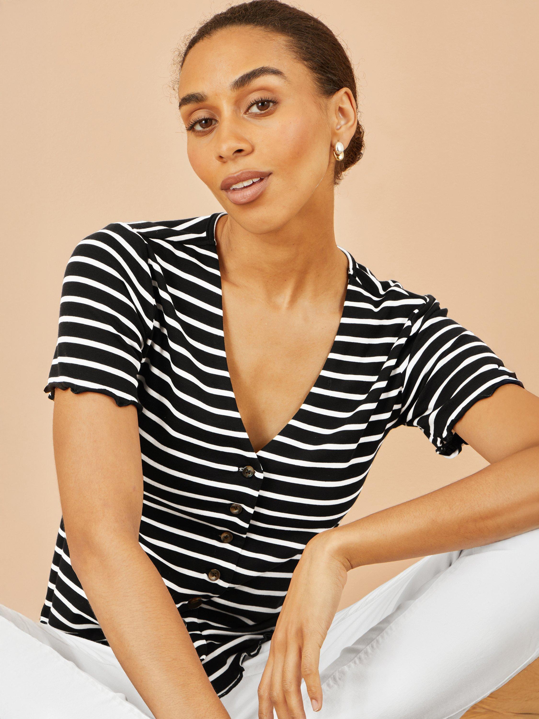 Product image 3 of 4, which shows Yumi Stripe Button T-Shirt, Black, 8