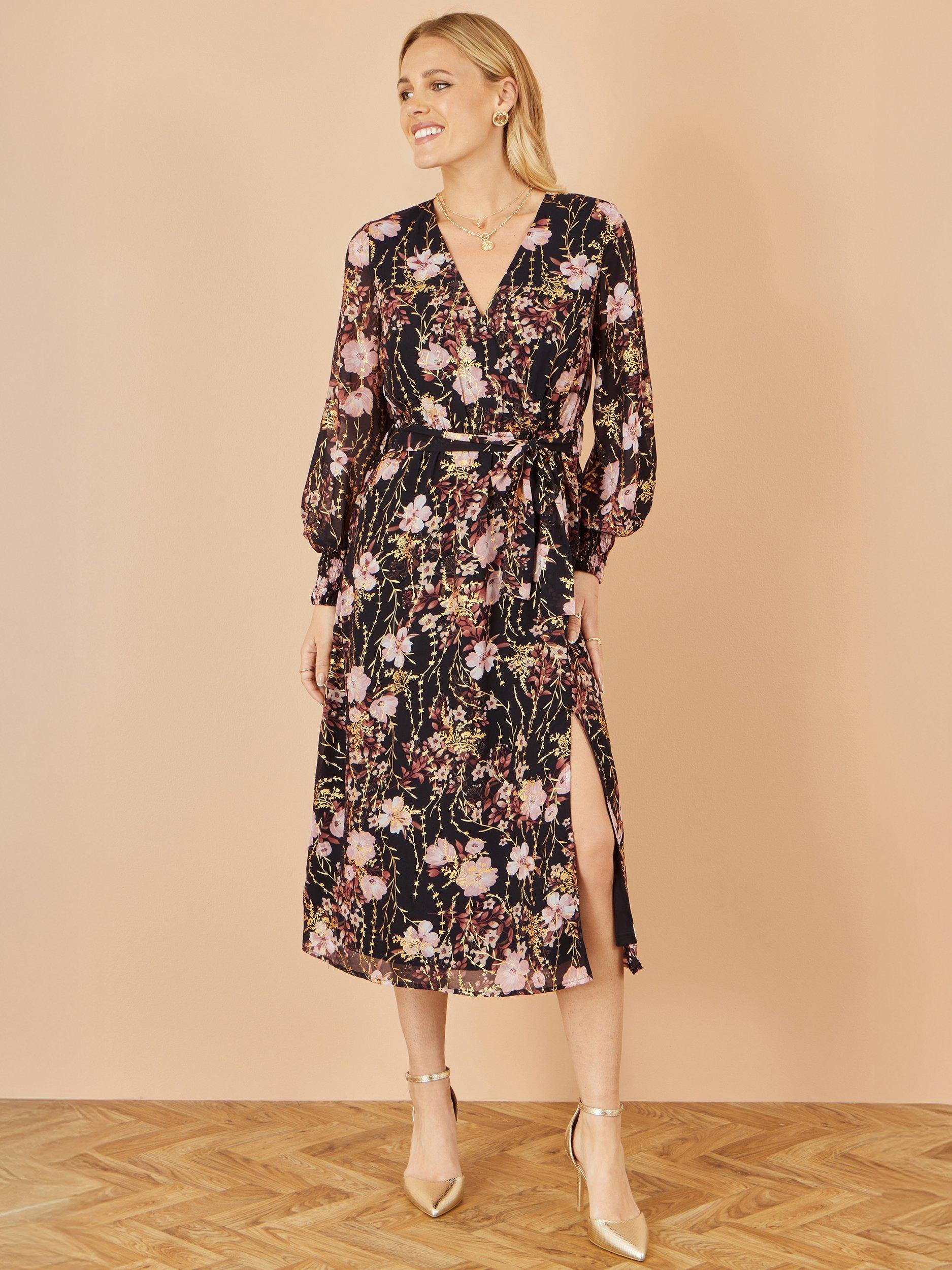Product image 2 of 5, which shows Yumi Foiled Floral Print Wrap Midi Dress, Black, 8