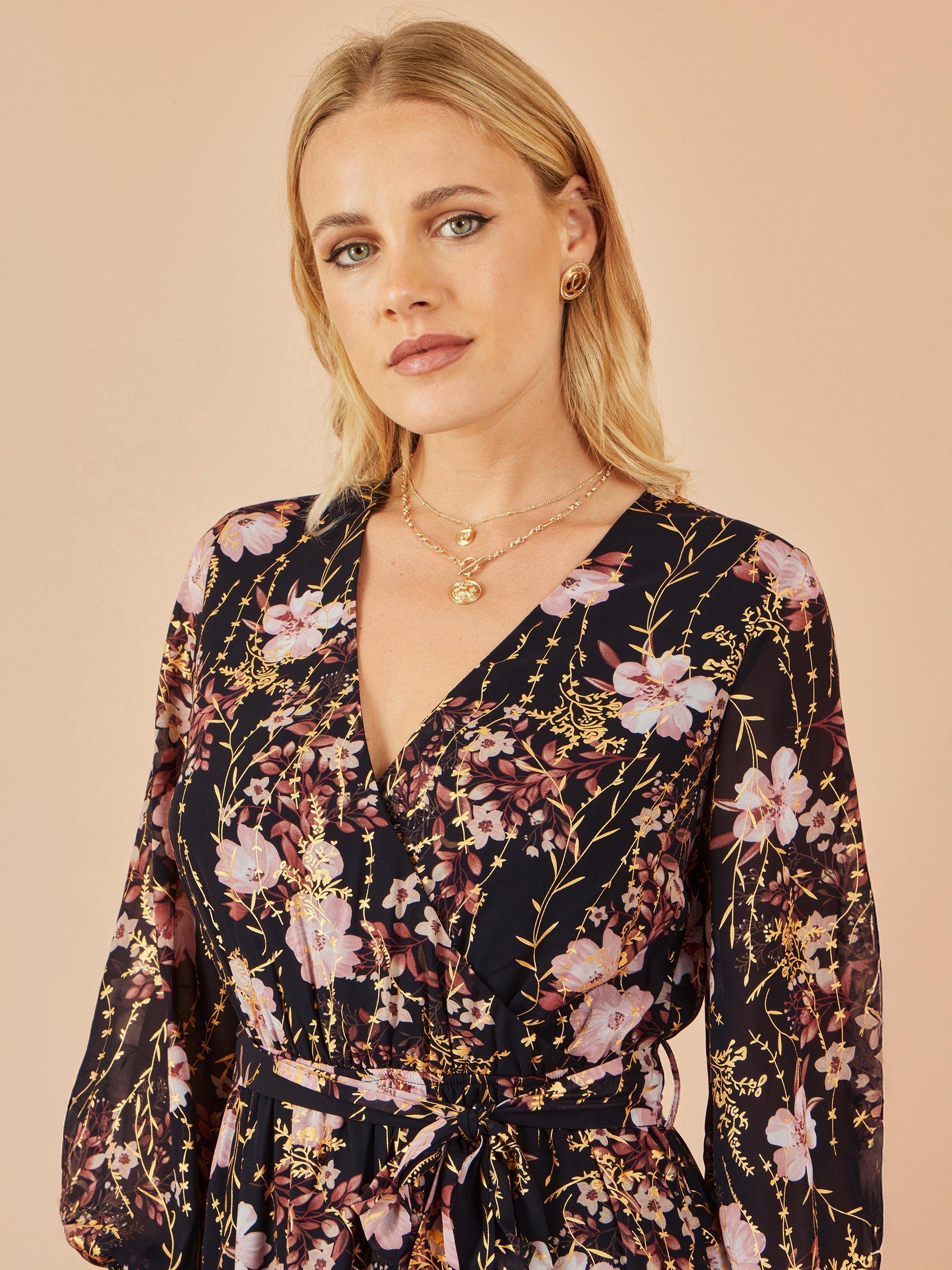 Product image 3 of 5, which shows Yumi Foiled Floral Print Wrap Midi Dress, Black, 8