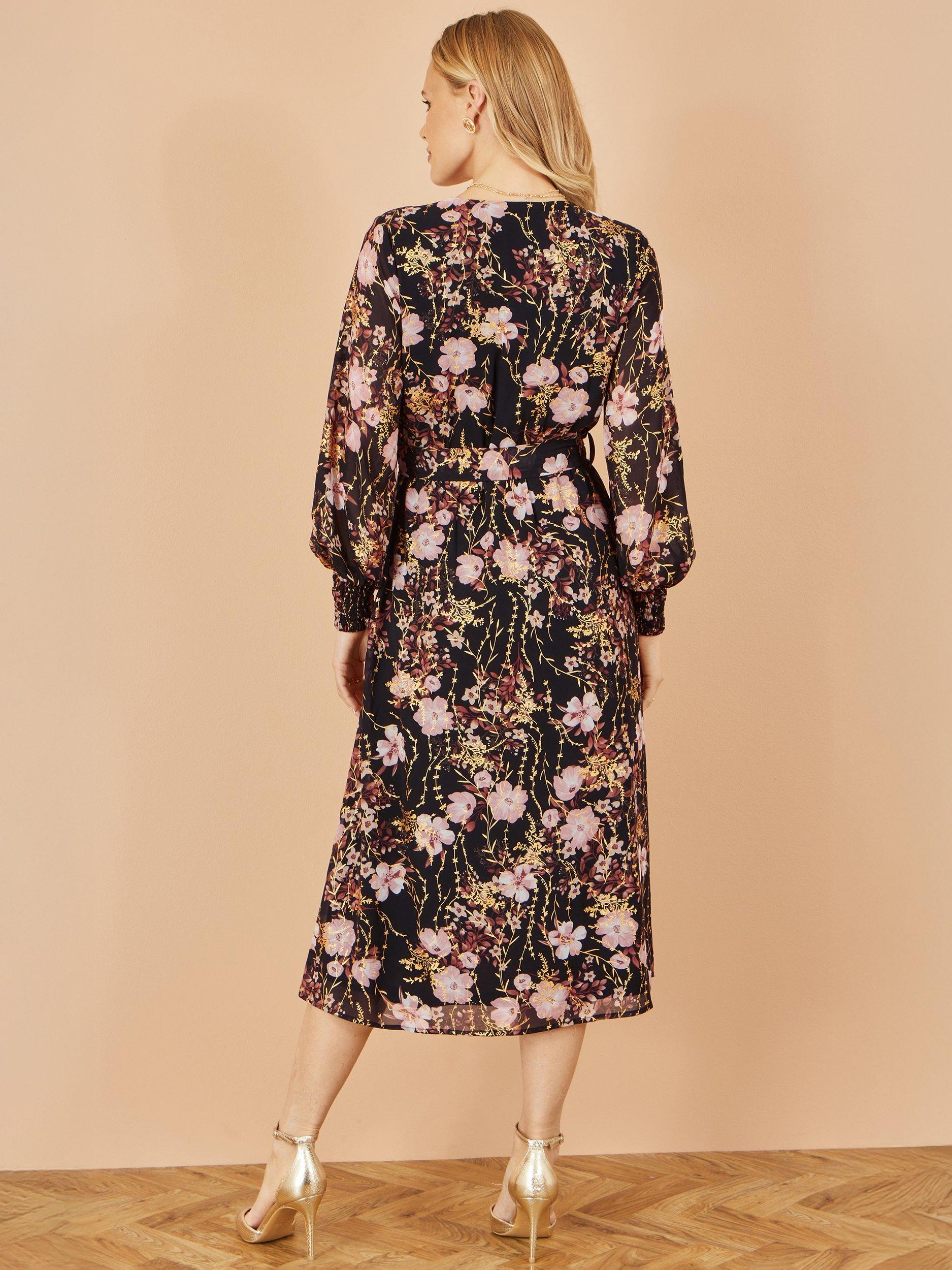 Product image 4 of 5, which shows Yumi Foiled Floral Print Wrap Midi Dress, Black, 8
