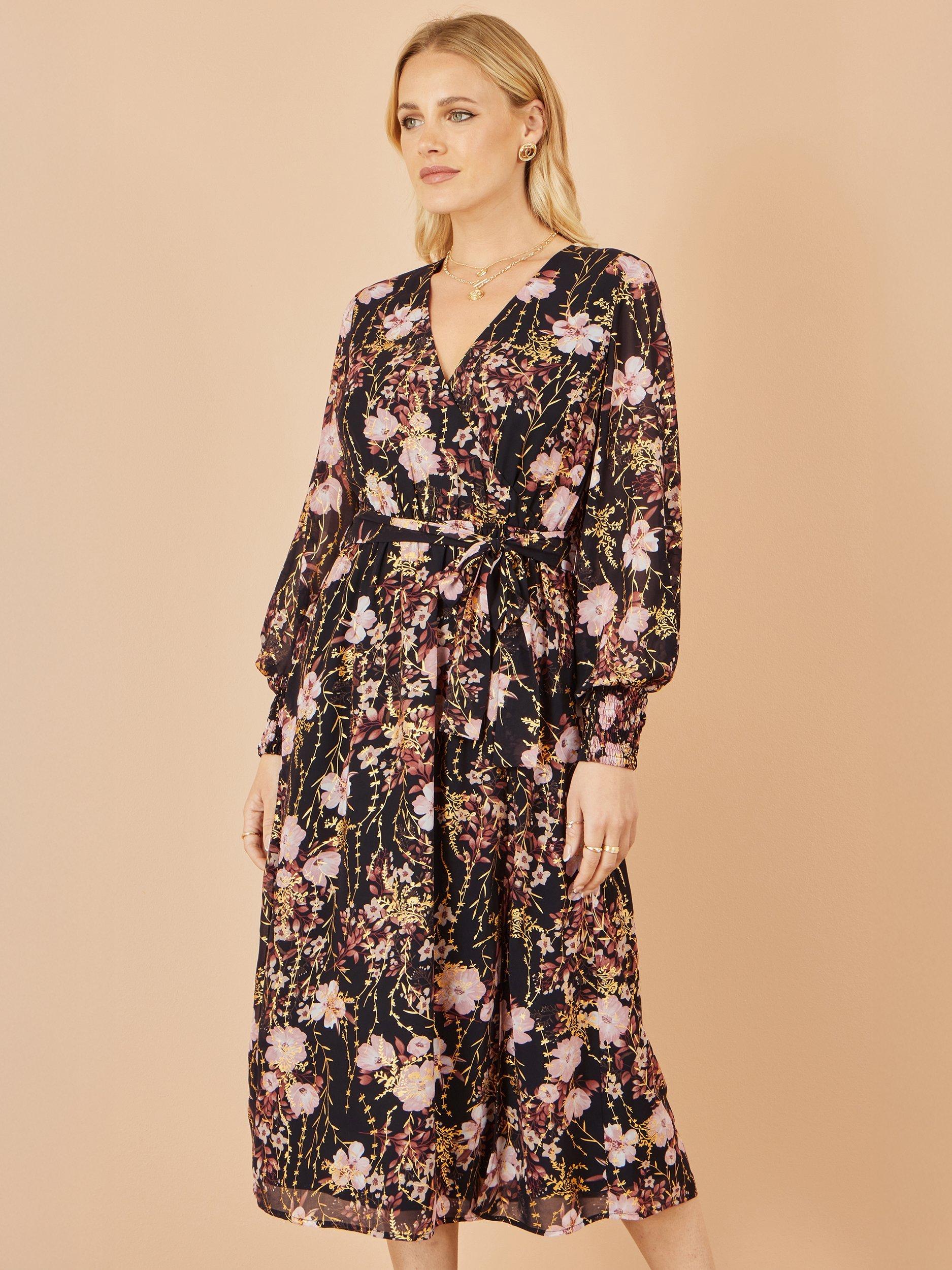 Product image 5 of 5, which shows Yumi Foiled Floral Print Wrap Midi Dress, Black, 8